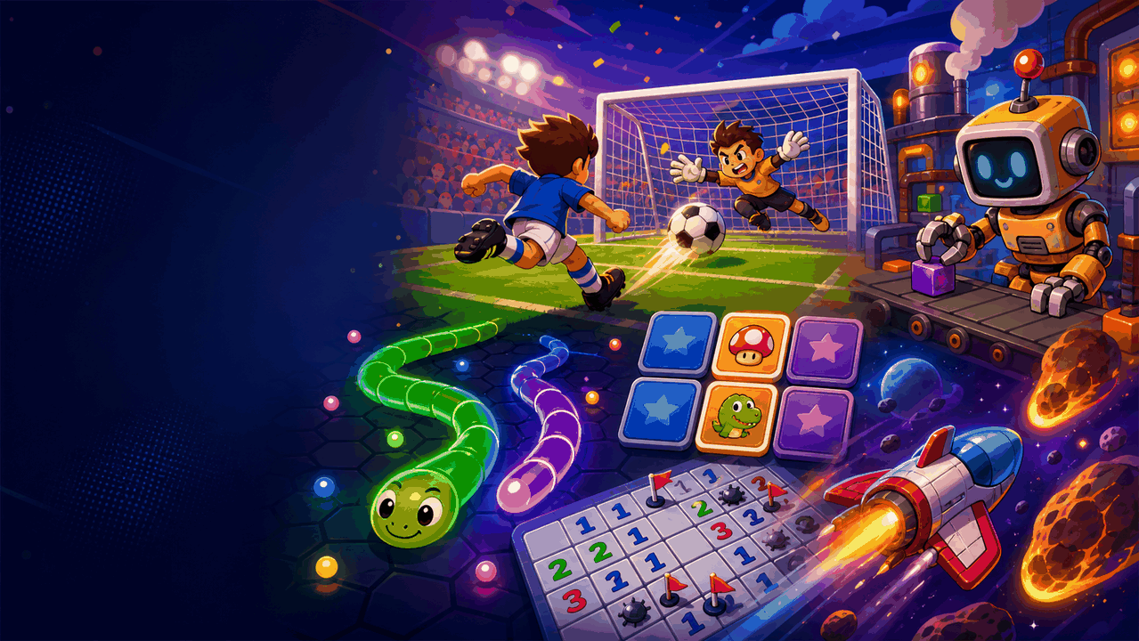 Banner cartoon de Minijuegos.cl con escenas de futbol, arcade, cartas, nave espacial y juegos clasicos